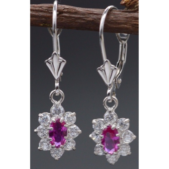 JM11 14K Solid White Gold 12mm Flower Pink Cubic Zirconia(CZ) LeverBack Earrings